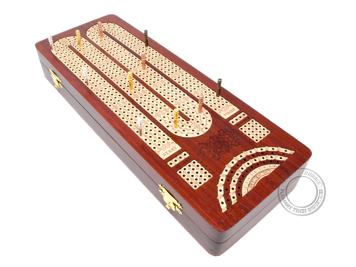 Continuous Cribbage Board / Box inlaid with Bloodwood / Maple : 4 Tracks with place to mark won games