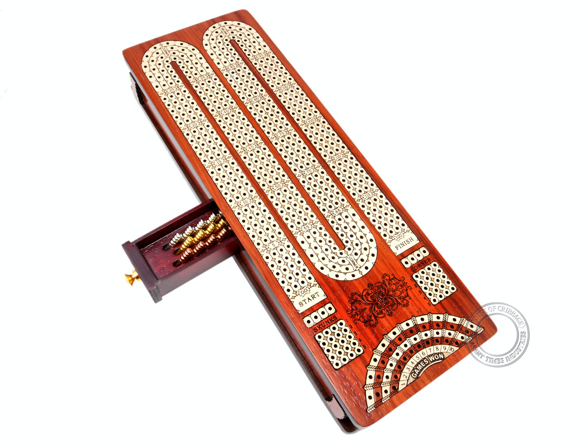 Continuous Cribbage Board / Box inlaid in Bloodwood / Maple : 4 Track - Sliding Lid with Score marking fields for Skunks, Corners and Won Games