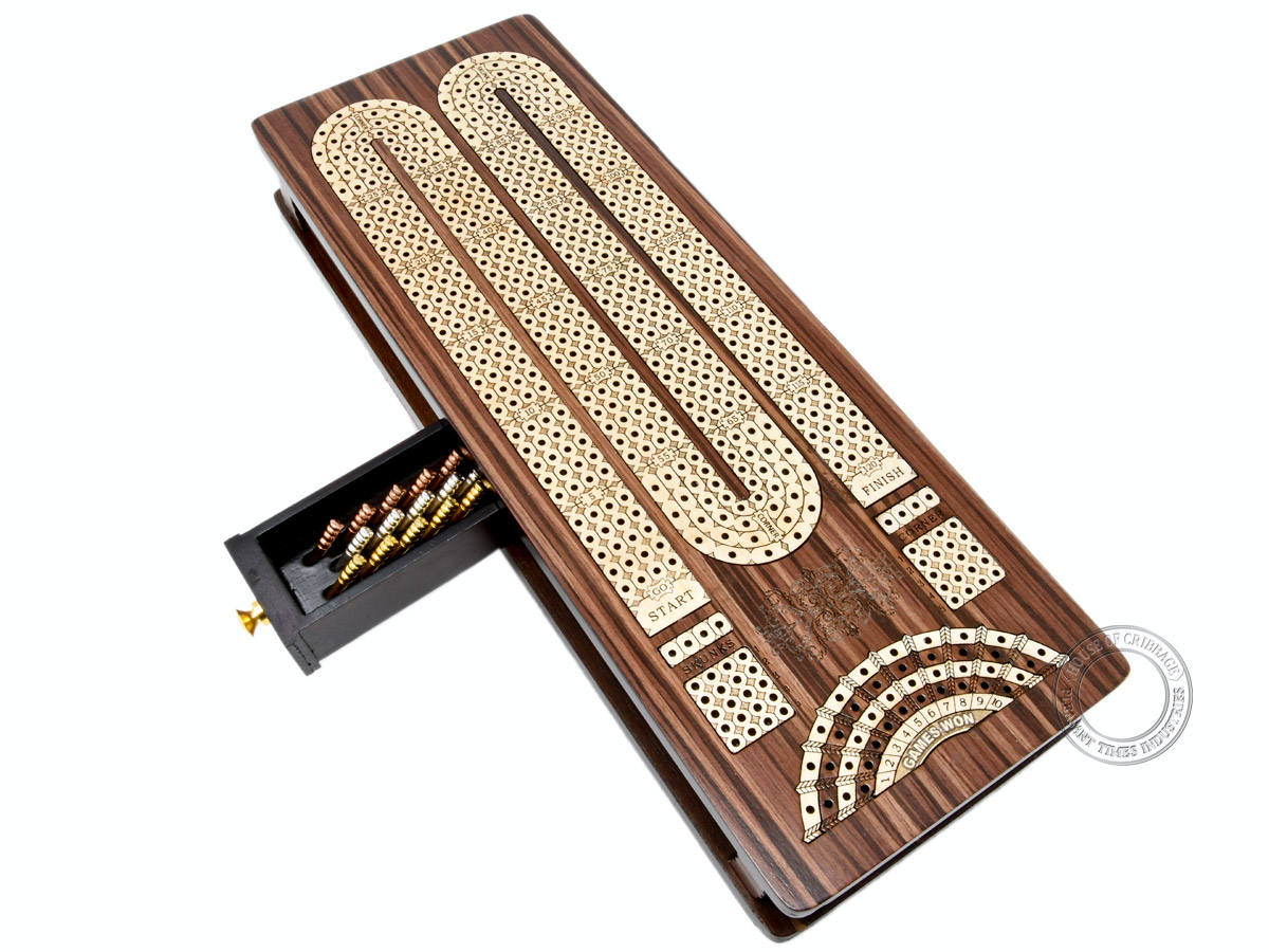 Continuous Cribbage Board / Box inlaid in Rosewood / Maple : 4 Track - Sliding Lid with Score marking fields for Skunks, Corners and Won Games