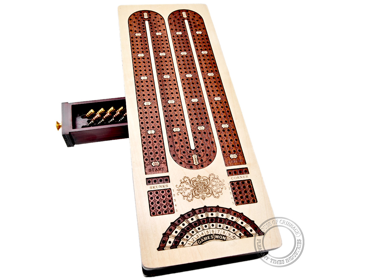 Continuous Cribbage Board / Box inlaid in Maple/ Bloodwood : 4 Track - Sliding Lid with Score marking fields for Skunks, Corners and Won Games