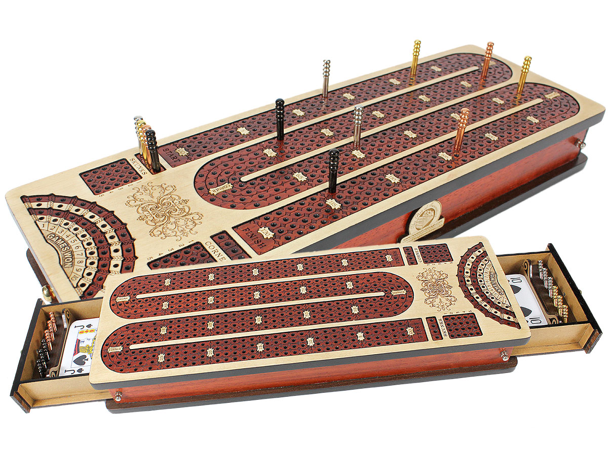Continuous Cribbage Board Maple / Bloodwood and Side Drawers : 4 Tracks with place to mark won games