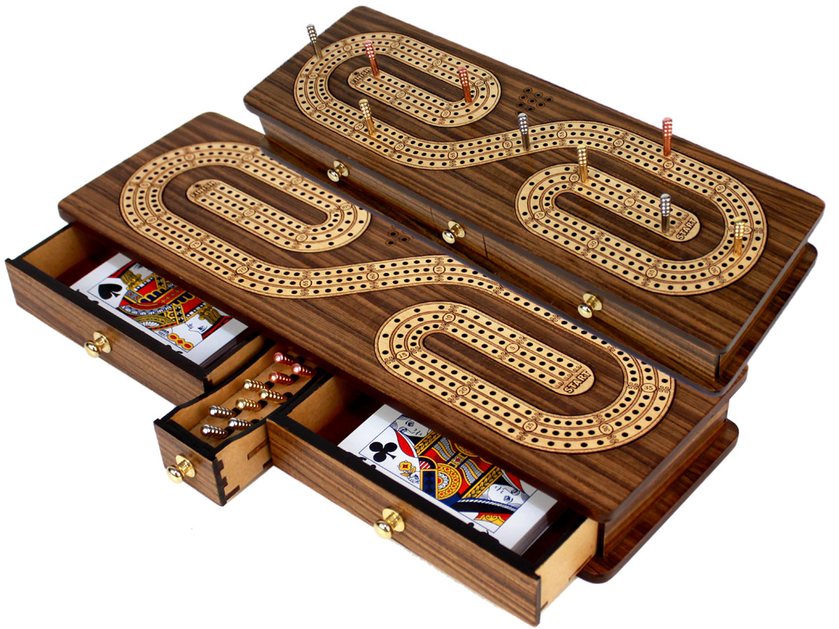 Continuous Cribbage Board inlaid with Teak Wood / Maple : Alphabet S Shape Inlaid 3 Tracks with Drawer Storage