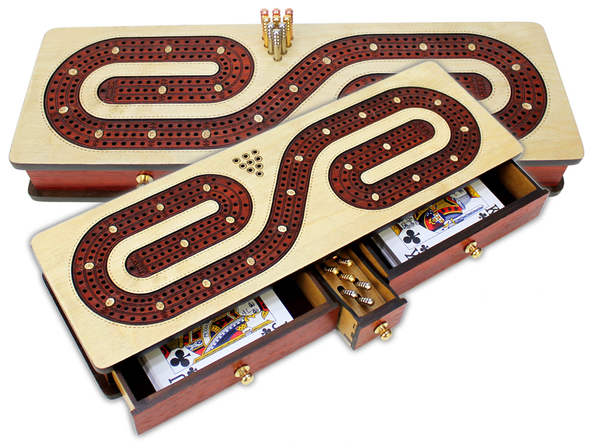 Continuous Cribbage Board inlaid with Maple/Bloodwood : Alphabet S Shape Inlaid 3 Tracks with Drawer Storage