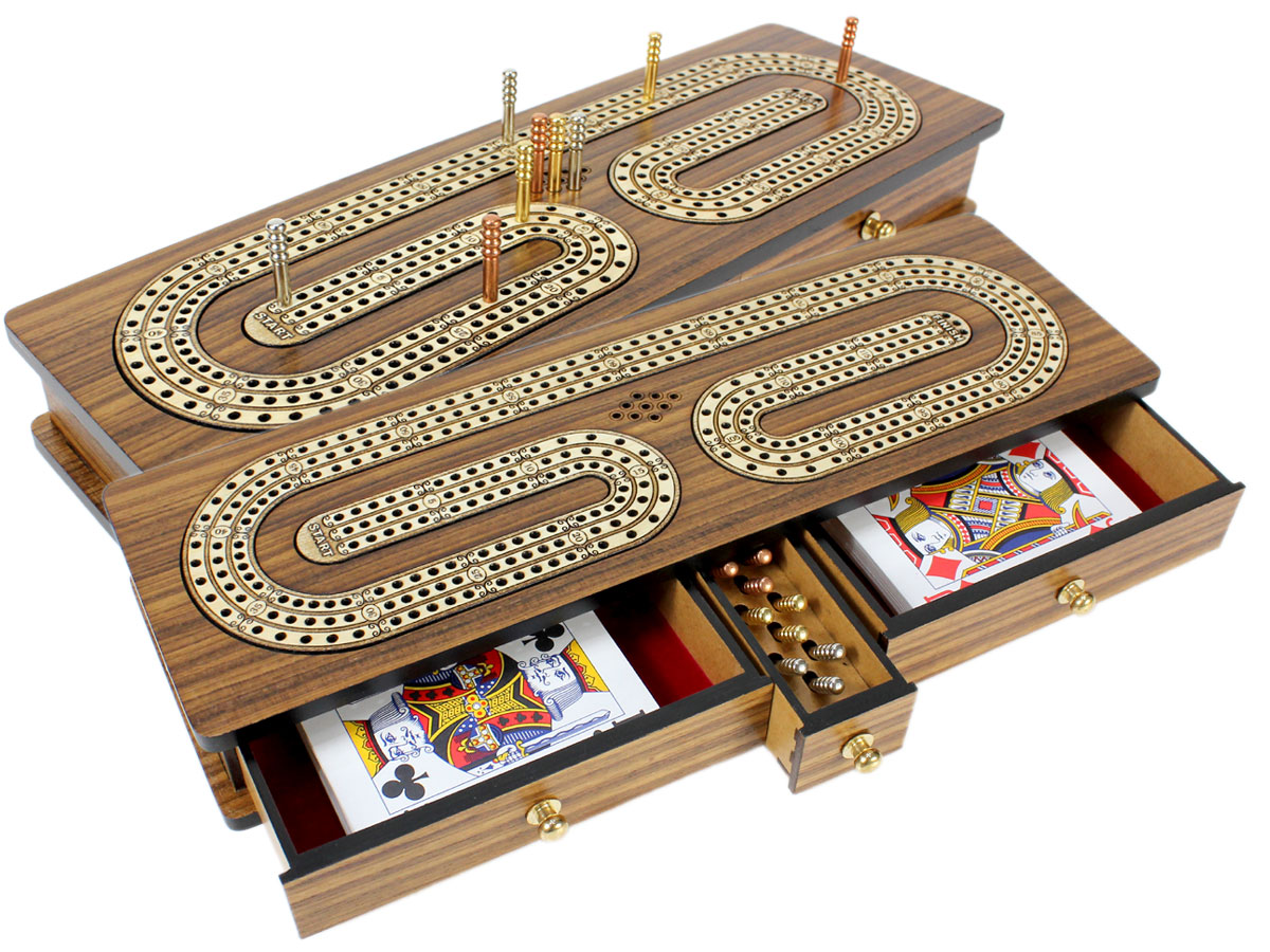 Continuous Cribbage Board TeakWood : Alphabet C Shape Inlaid Maple 3 Tracks with Drawer Storage