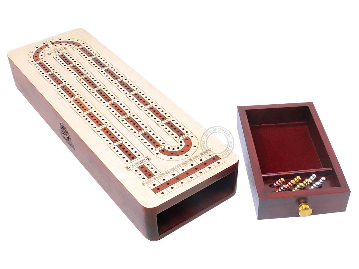Continuous Cribbage Board Alphabet e Shape Inlaid in Maple and Bloodwood with Storage Drawer for pegs and Cards - 3 Tracks