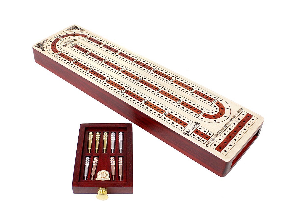 Continuous Cribbage Board Alphabet e Shape inlaid in Maple Wood / Bloodwood : 3 Track - Flat Drawer