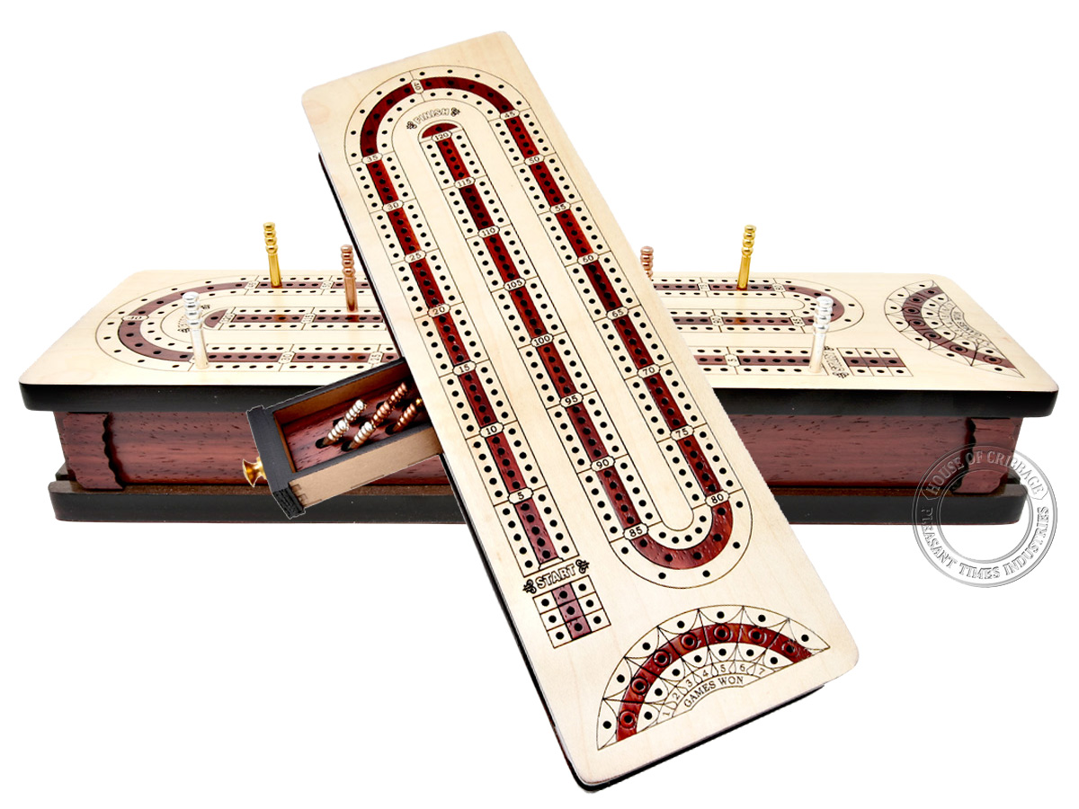 Continuous Cribbage Board Alphabet e Shape inlaid in Maple Wood / Bloodwood : 3 Track - Sliding Lid with Score marking fields for Won Games