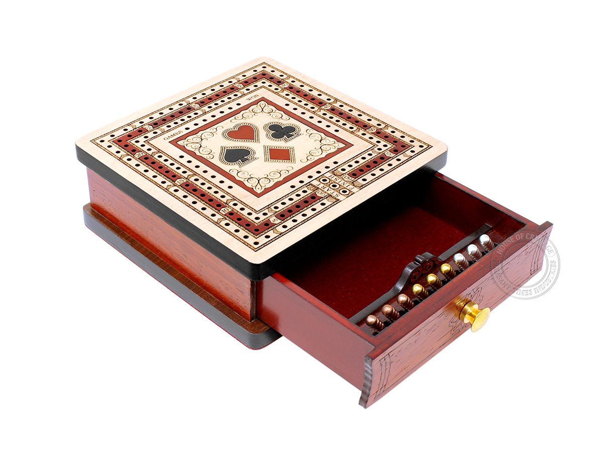 Playing Cards Symbol Inlaid Regular Design 3 Track Square Cribbage Board with Drawer in Maple / Bloodwood