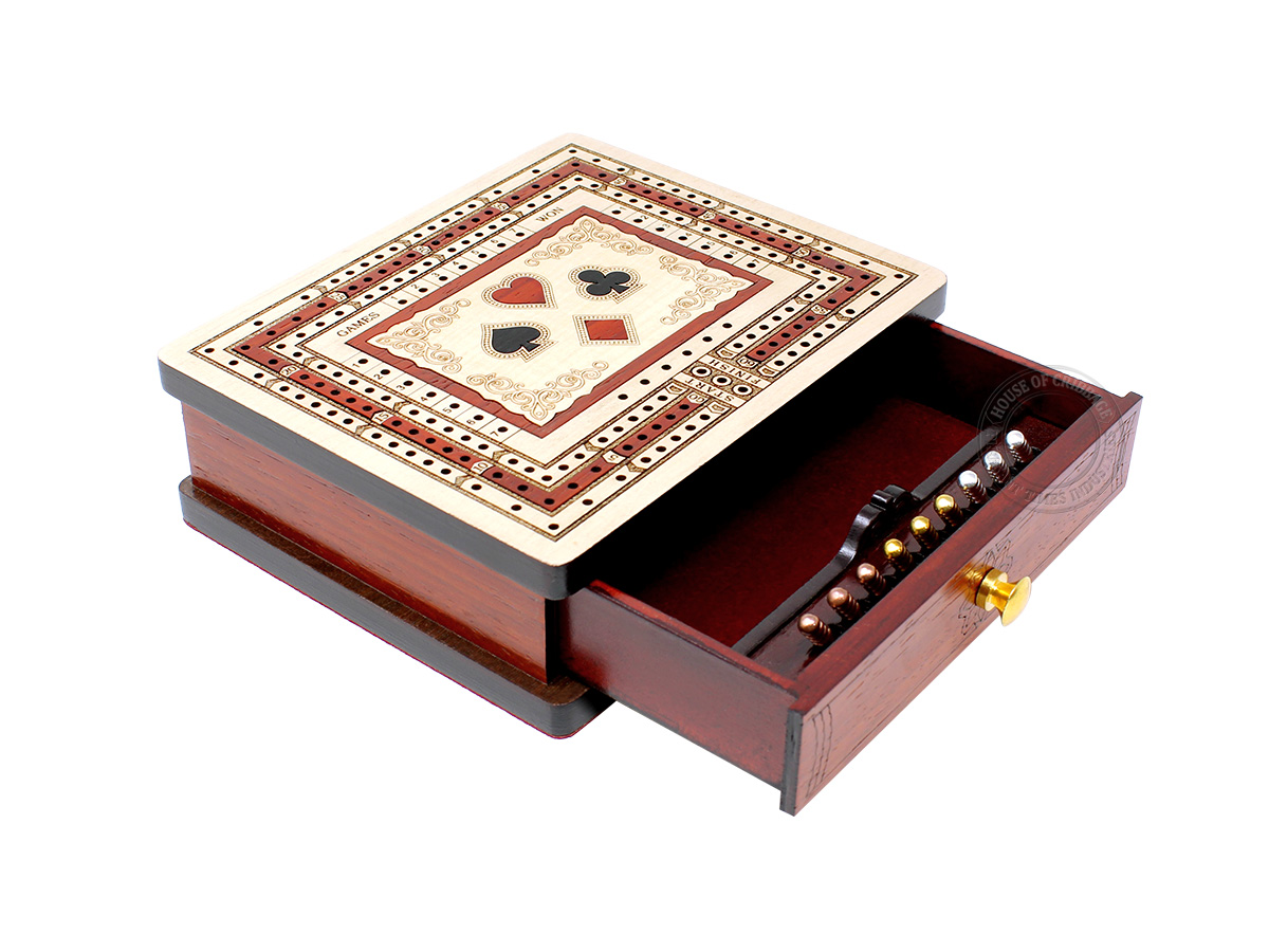 Playing Cards Symbol Inlaid Regular Design 3 Track Rectangular Cribbage Board with Drawer in Maple / Bloodwood