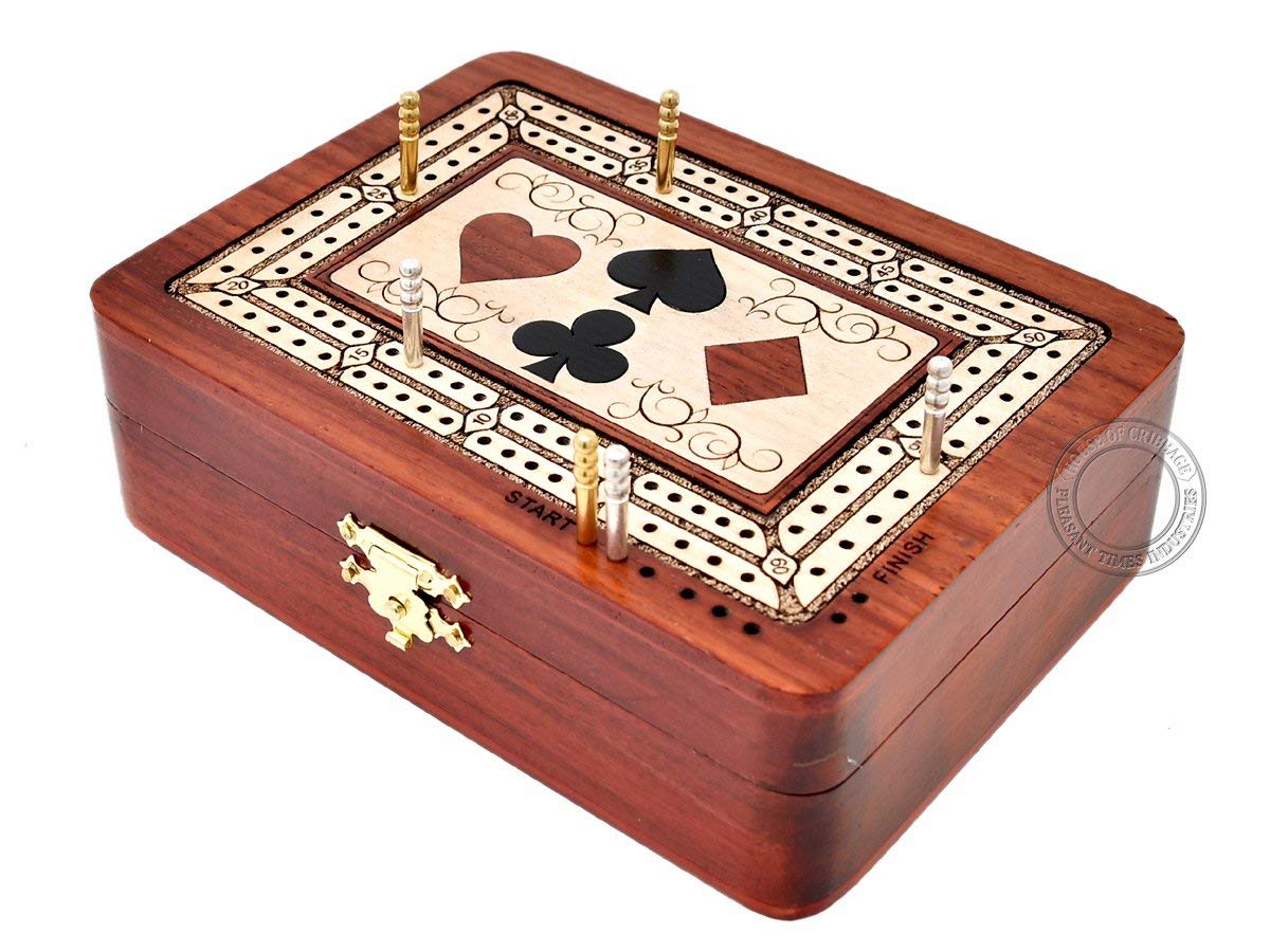 Playing Cards Wood Inlaid Symbols Folding Cribbage Board/Box Inlaid 2 Tracks in Bloodwood/Maple 60 Points