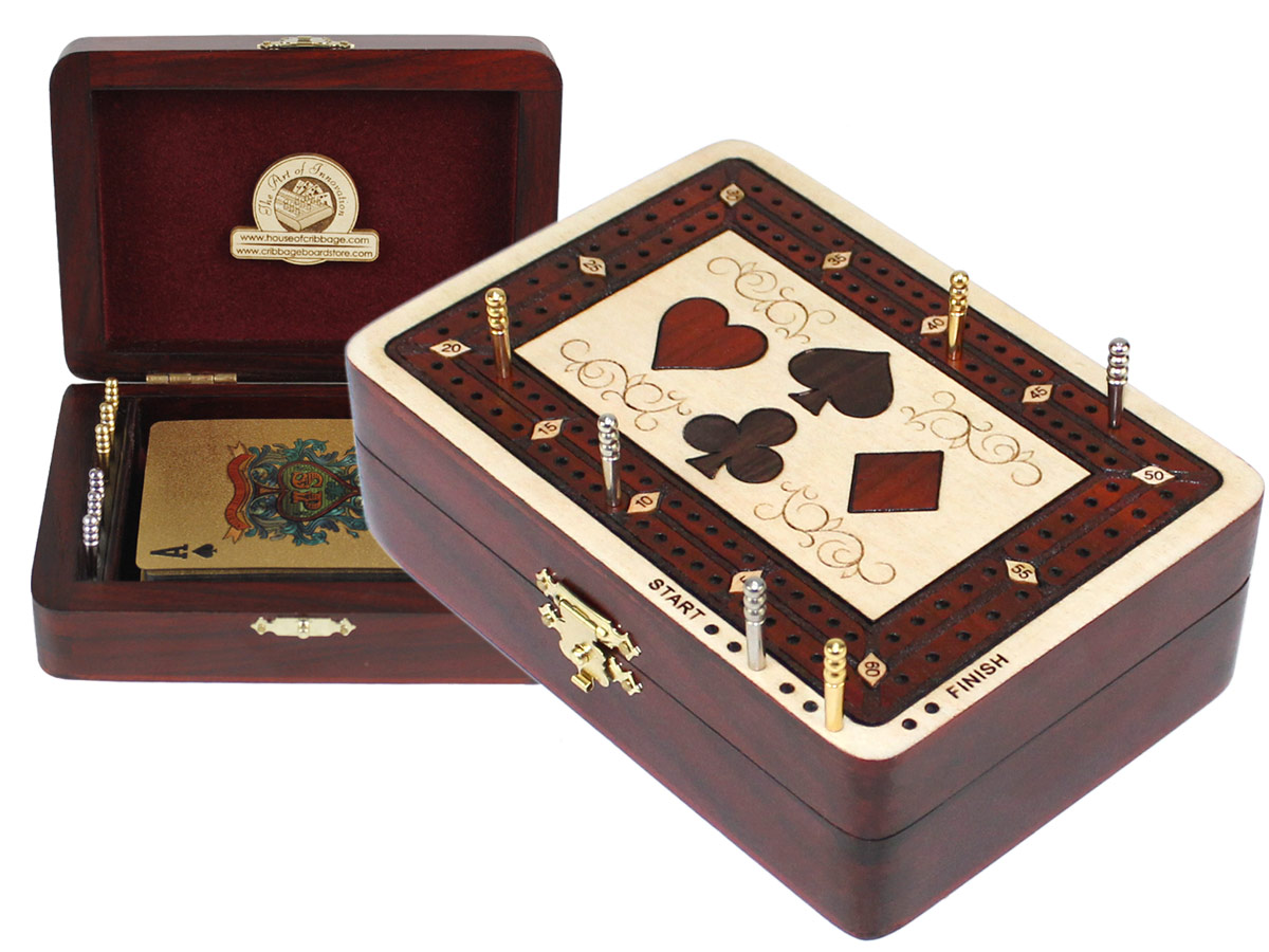 Playing Cards Wood Inlaid Symbols Folding Cribbage Board/Box Inlaid 2 Tracks in Maple/Bloodwood 60 Points