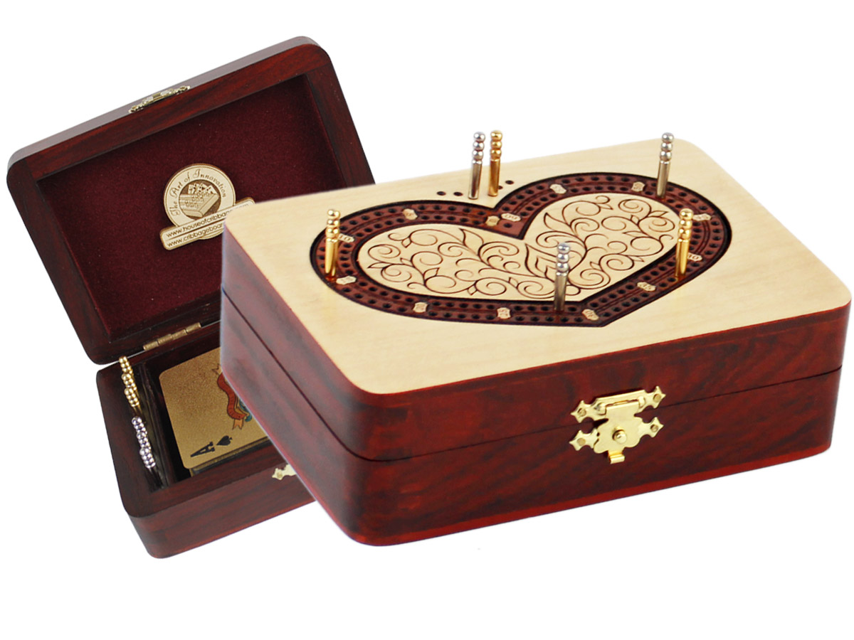 Heart Shape Folding Cribbage Board/Box Inlaid 2 Tracks in Maple/Bloodwood 60 Points