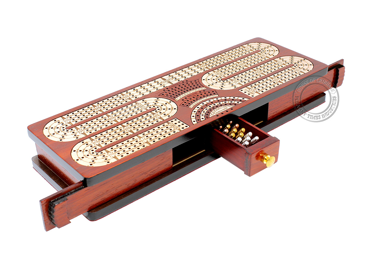Continuous Cribbage Board Twist Design 4 Tracks - Sliding Lid and Drawer with Skunks, Corners and Score Marking Fields - Bloodwood / Maple