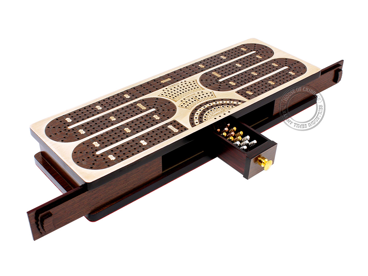 Continuous Cribbage Board Twist Design 4 Tracks - Sliding Lid and Drawer with Skunks, Corners and Score Marking Fields - Maple / Wenge Wood