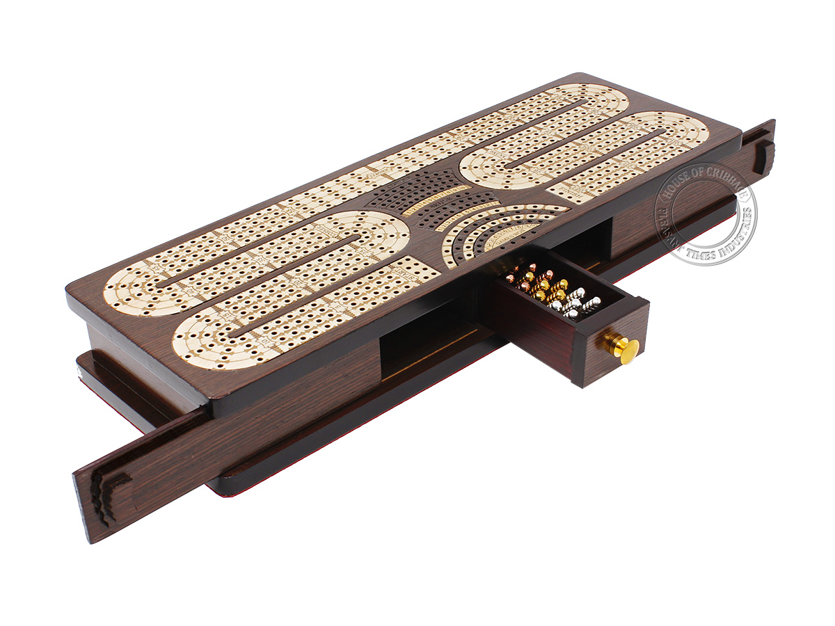 Continuous Cribbage Board Twist Design 4 Tracks - Sliding Lid and Drawer with Skunks, Corners and Score Marking Fields - Wenge Wood / Maple