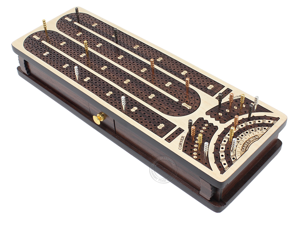 Continuous Cribbage Board Alphabet M Shape 4 Tracks - Sliding Lid Storage For Cards and Pegs - White Maple / Rosewood
