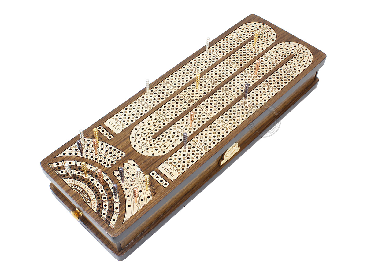Continuous Cribbage Board Alphabet M Shape 4 Tracks - 2 Side Drawers with Skunks, Corners and Score Marking Fields - Teak Wood / White Maple