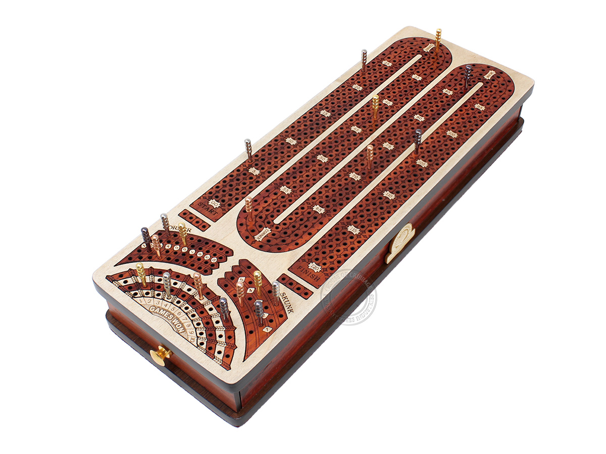 Continuous Cribbage Board Alphabet M Shape 4 Tracks - 2 Side Drawers with Skunks, Corners and Score Marking Fields - White Maple / Blood Wood