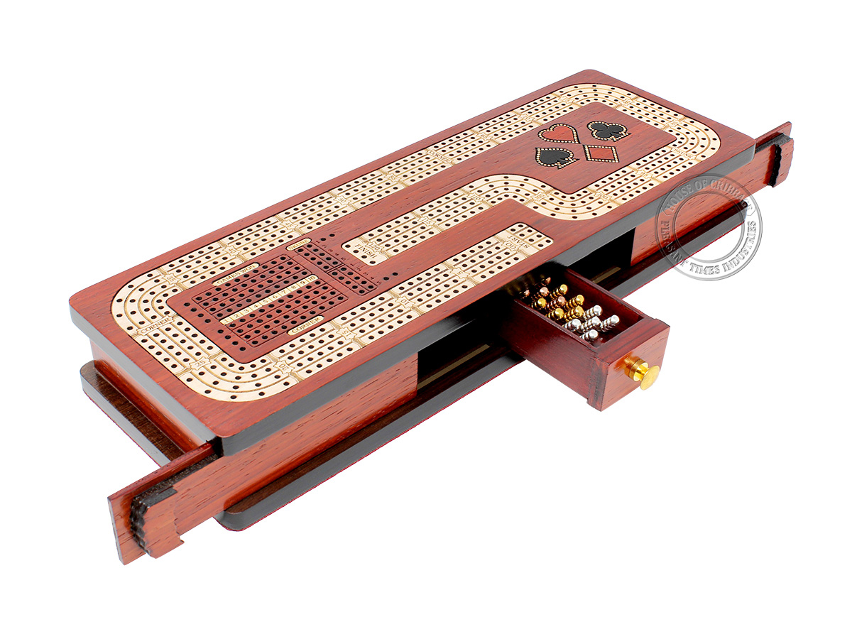 Continuous Cribbage Board Hook Design 4 Tracks - Sliding Lid and Drawer with Skunks, Corners and Score Marking Fields - Bloodwood / Maple