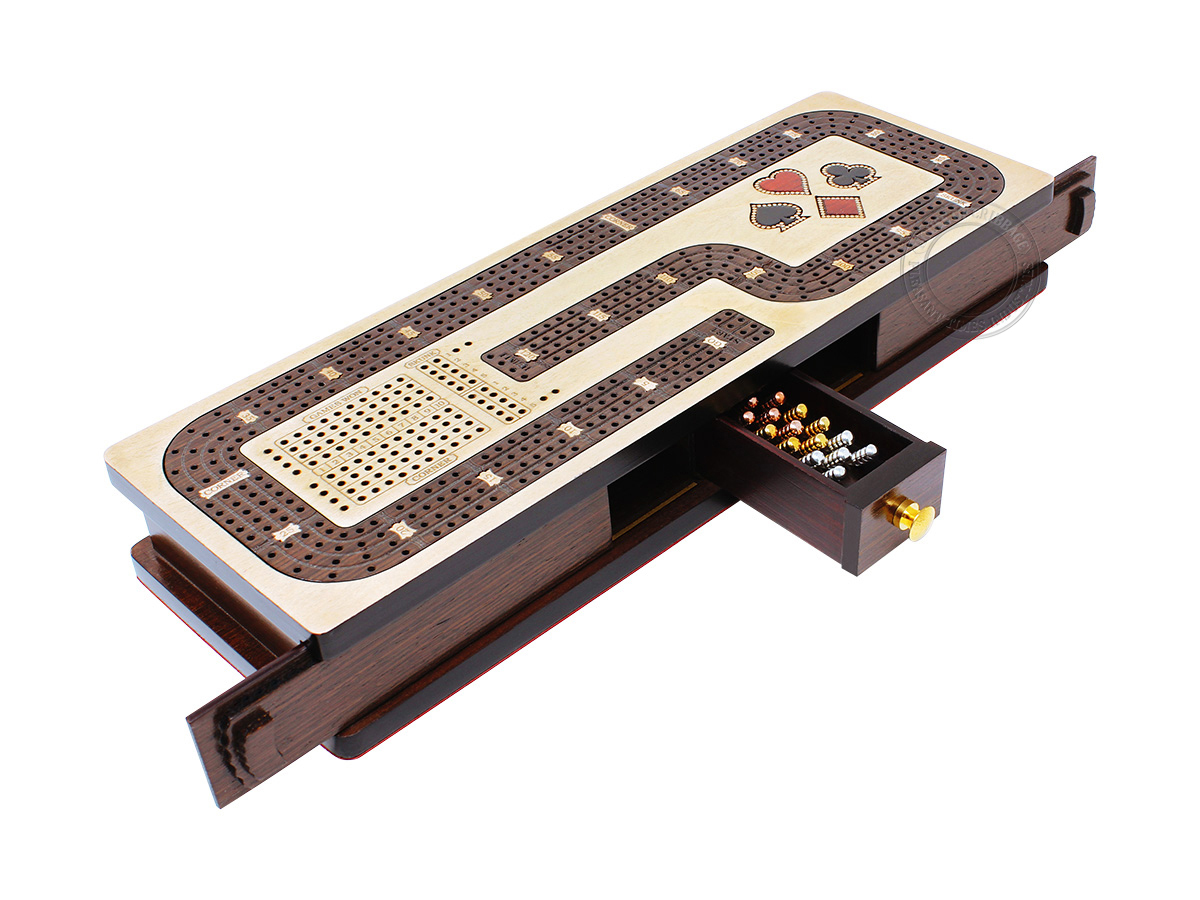 Continuous Cribbage Board Hook Design 4 Tracks - Sliding Lid and Drawer with Skunks, Corners and Score Marking Fields - Maple / Wenge Wood