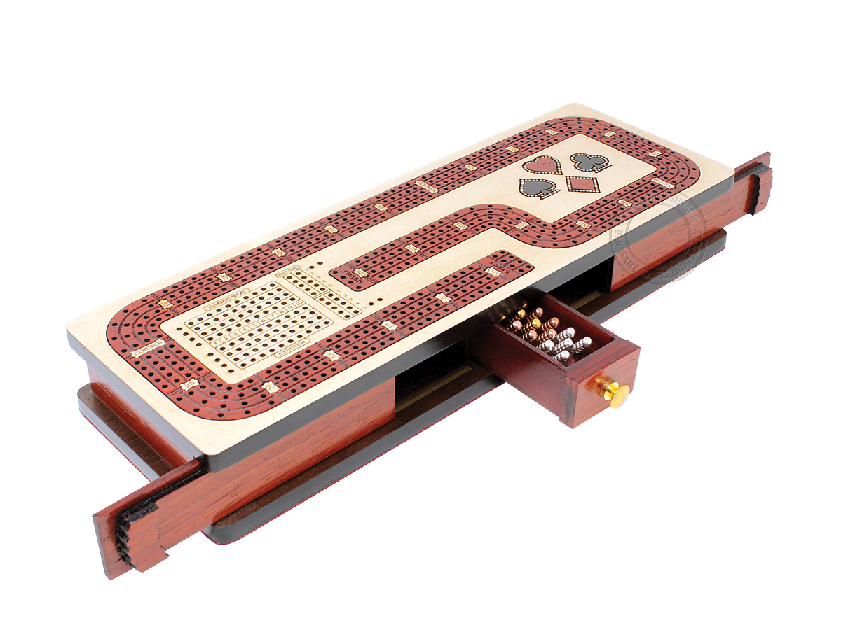 Continuous Cribbage Board Hook Design 4 Tracks - Sliding Lid and Drawer with Skunks, Corners and Score Marking Fields - Maple / Bloodwood