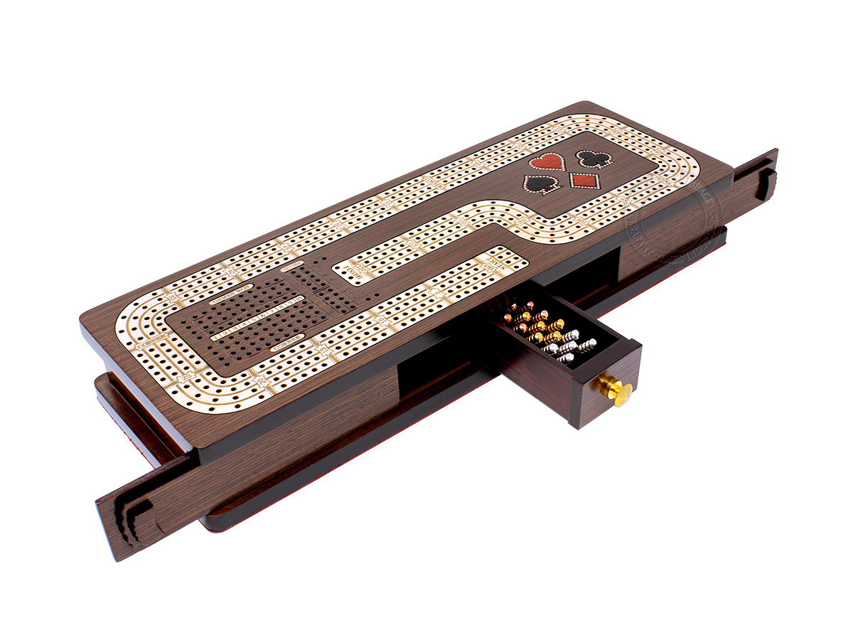 Continuous Cribbage Board Hook Design 4 Tracks - Sliding Lid and Drawer with Skunks, Corners and Score Marking Fields - Wenge Wood / Maple