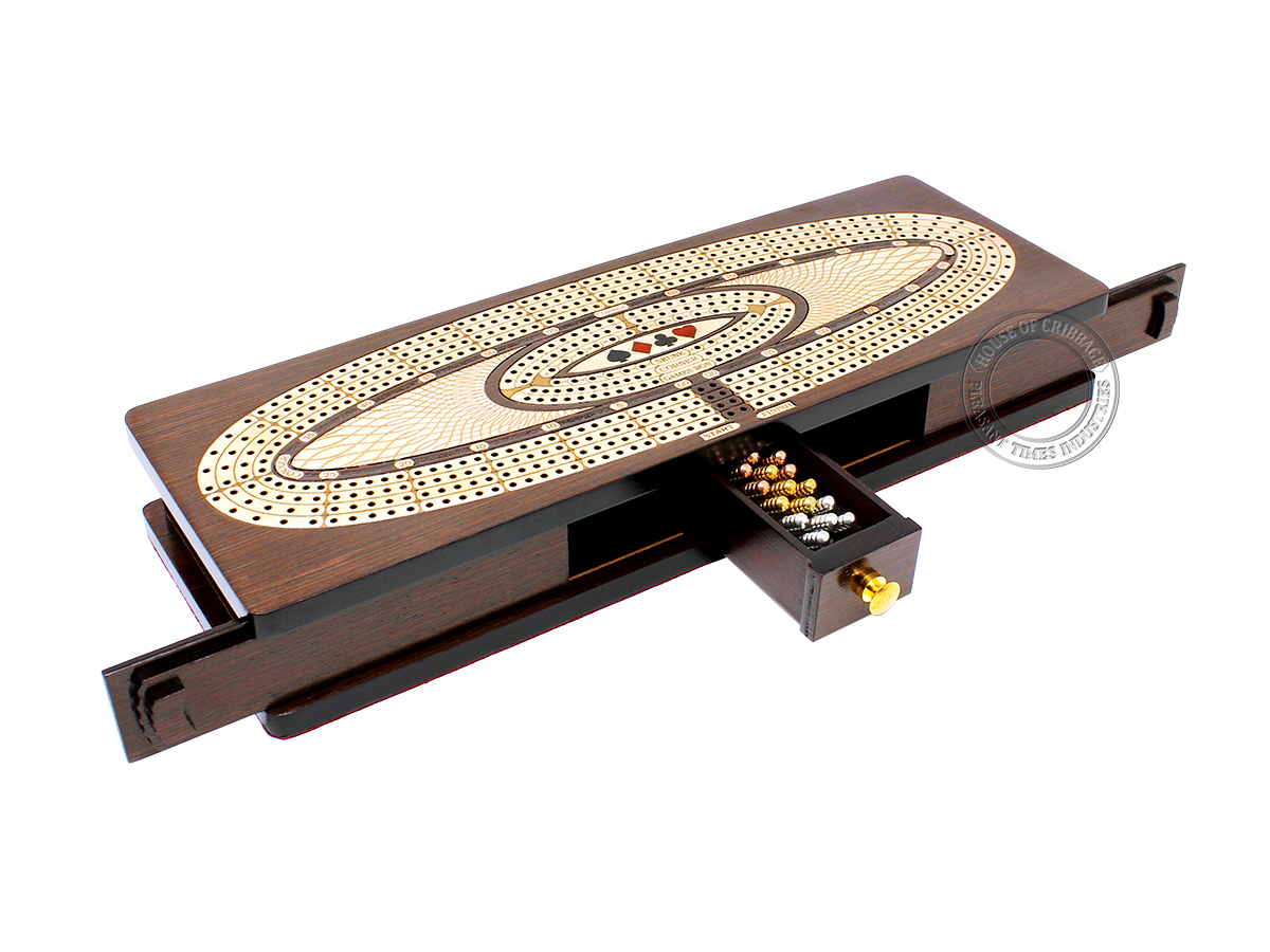 Continuous Cribbage Board Oval Shape 4 Tracks - Sliding Lid and Drawer with Skunks, Corners and Score Marking Fields - Wenge Wood / Maple