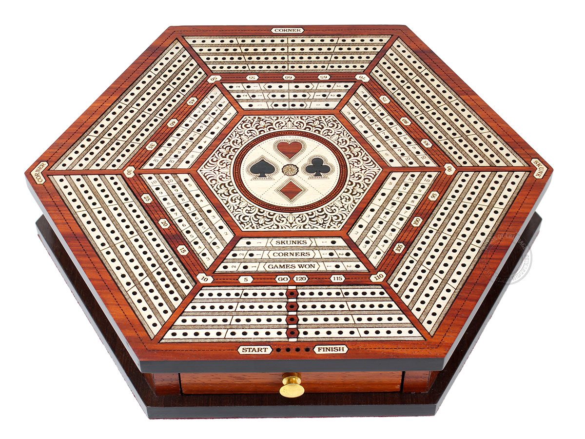 Hexagonal Cribbage Board Continuous 4 Tracks with Drawer Storage and Skunks, Corners and Score Marking Fields - Blood Wood / White Maple