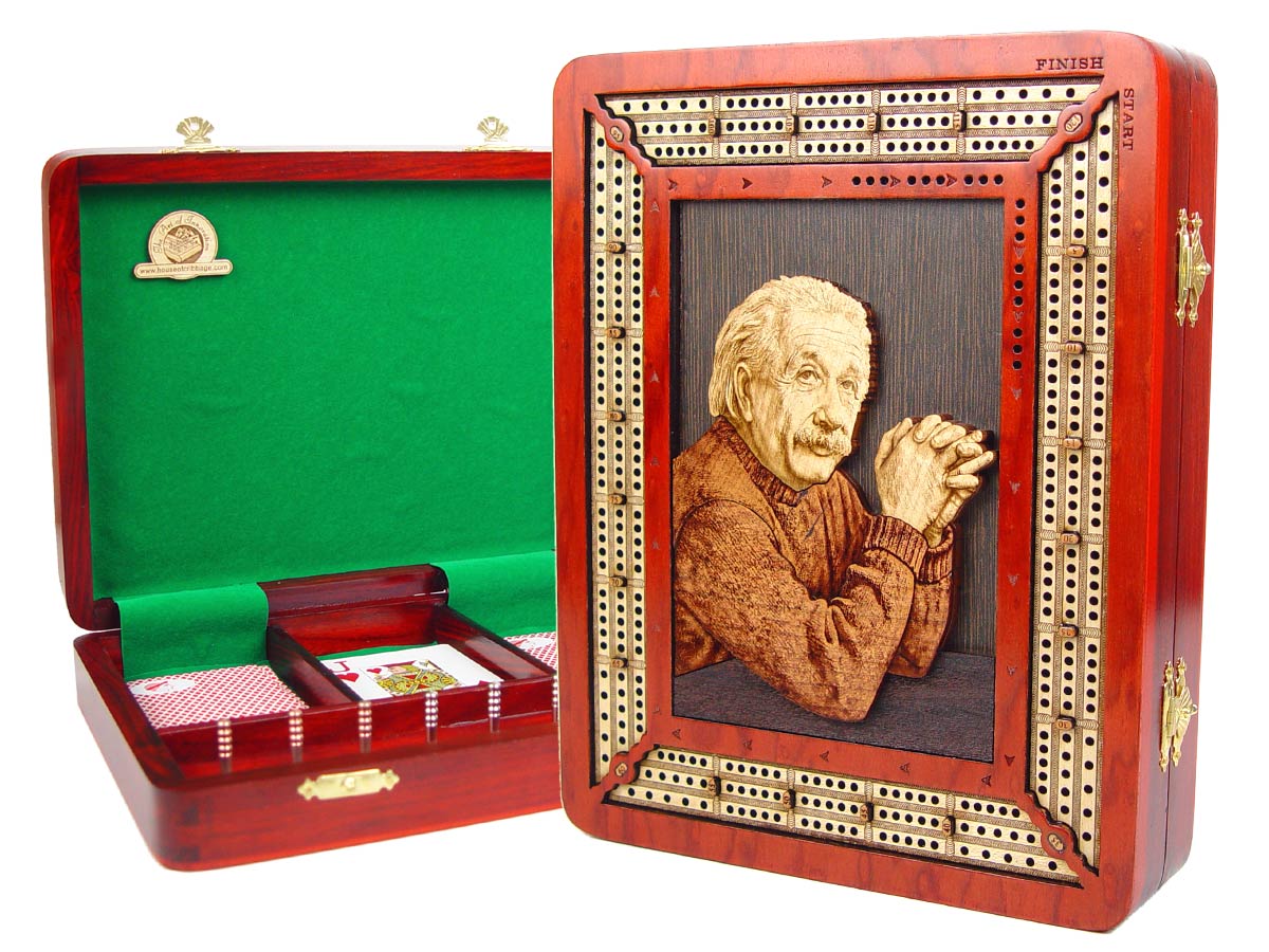 Einstein Image Inlaid Continuous Cribbage Board / Box Bloodwood / Maple - 3 Tracks