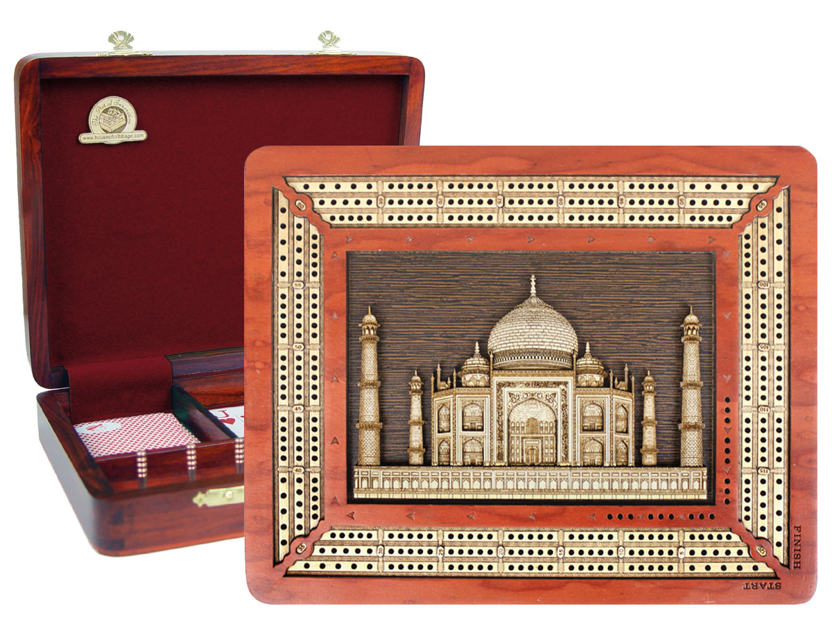 Wooden Carved Taj Mahal Image Inlaid Continuous Cribbage Board / Box Bloodwood / Maple - 3 Tracks
