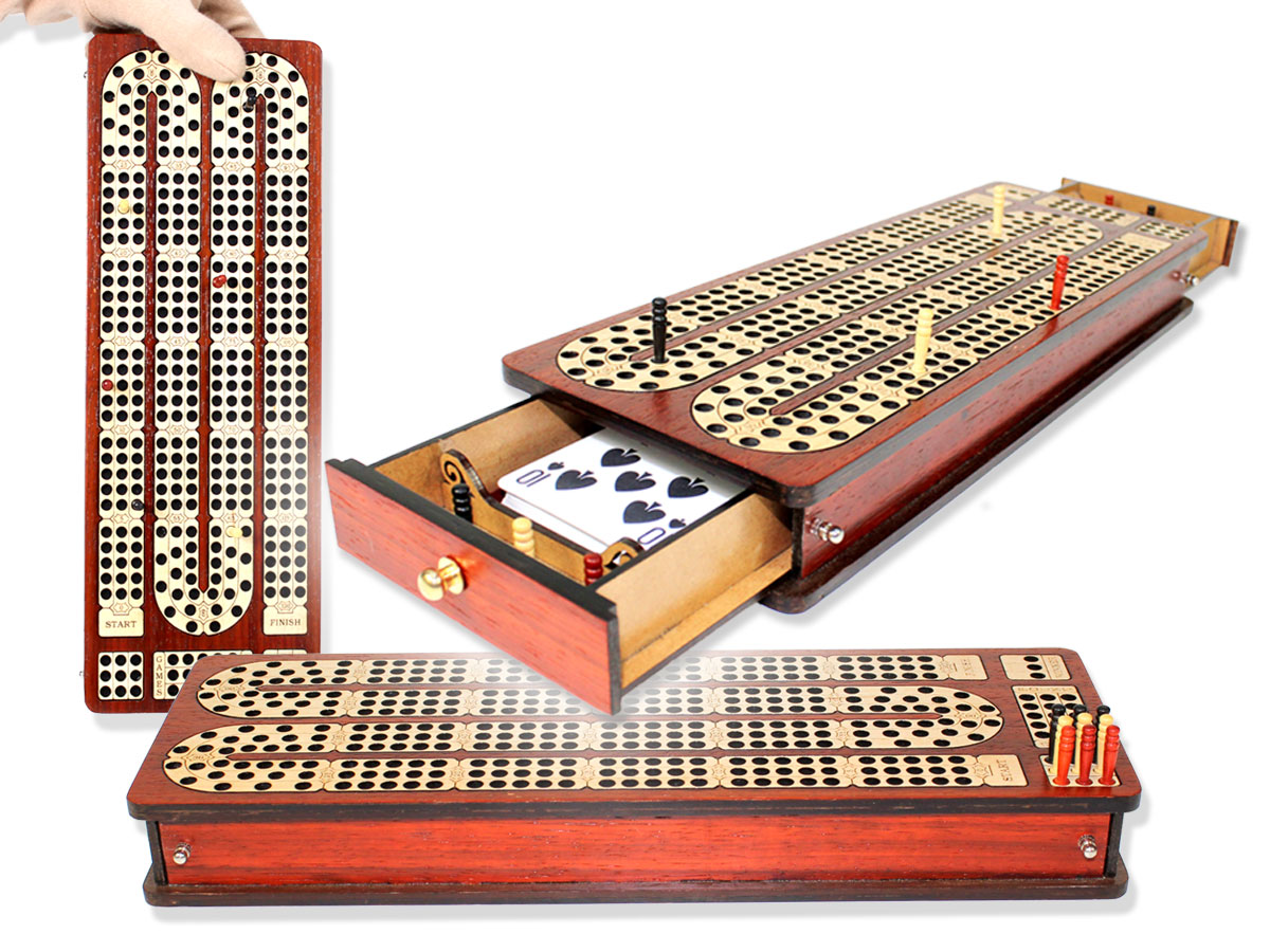 Magnetic Cribbage Board Continuous 3 Tracks Inlaid Bloodwood/Maple with Drawers & place to mark won games
