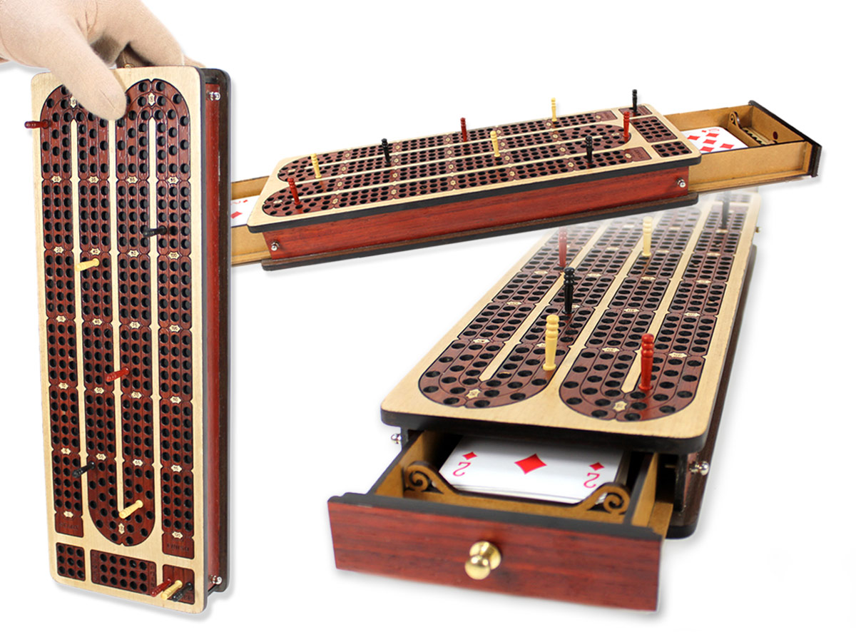 Magnetic Cribbage Board Continuous 3 Tracks Inlaid Maple/Bloodwood with Drawers & place to mark won games