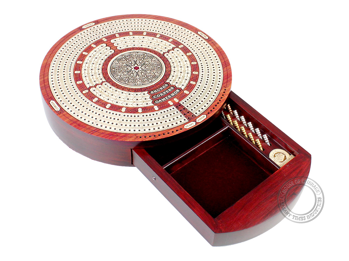 Round Shape 4 Tracks Continuous Cribbage Board Bloodwood / Maple with Push Drawer & place for Skunks, Corners & Won Games