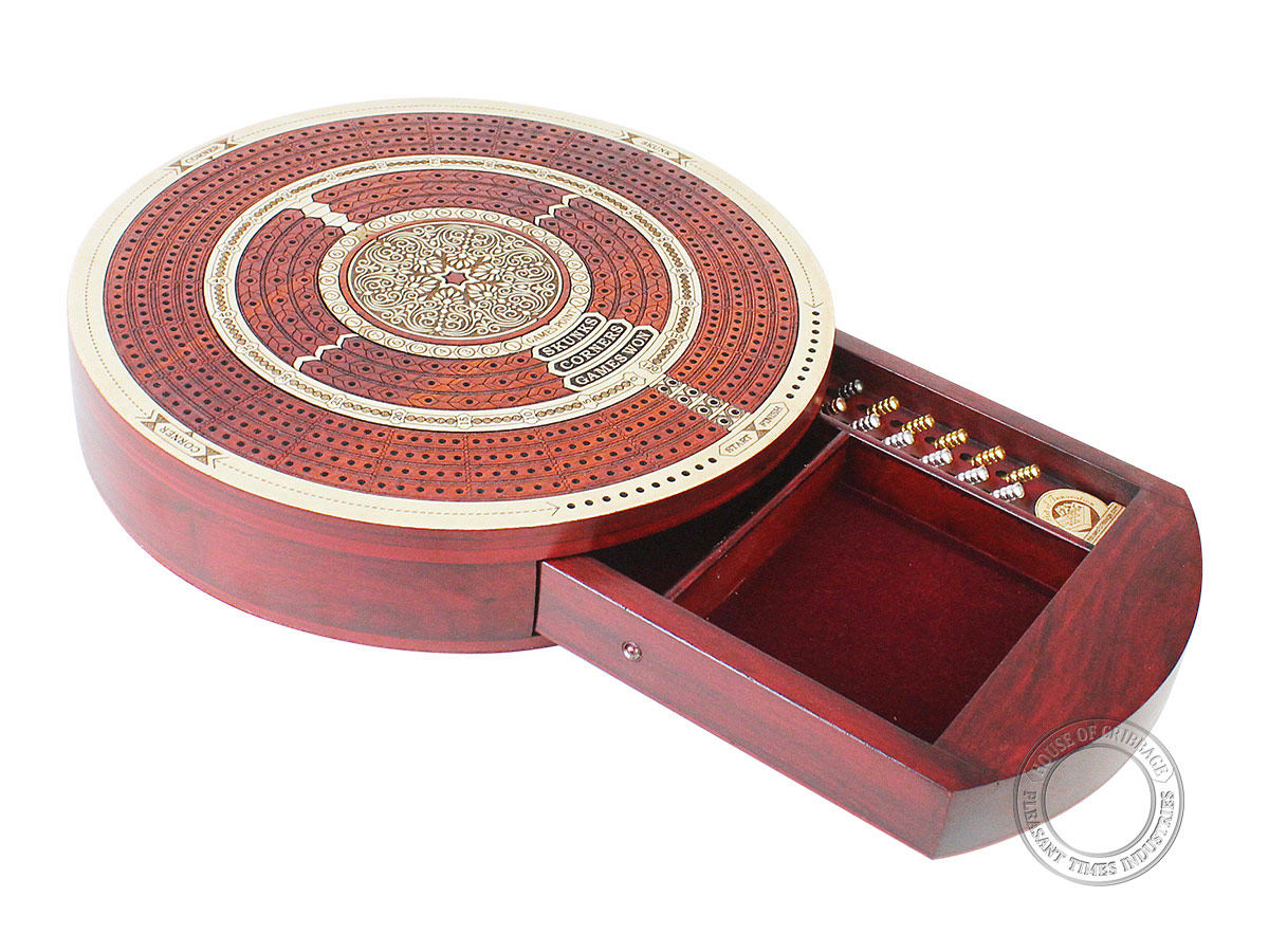 Round Shape 4 Tracks Continuous Cribbage Board Maple / Bloodwood with Push Drawer & place for Skunks, Corners & Won Games