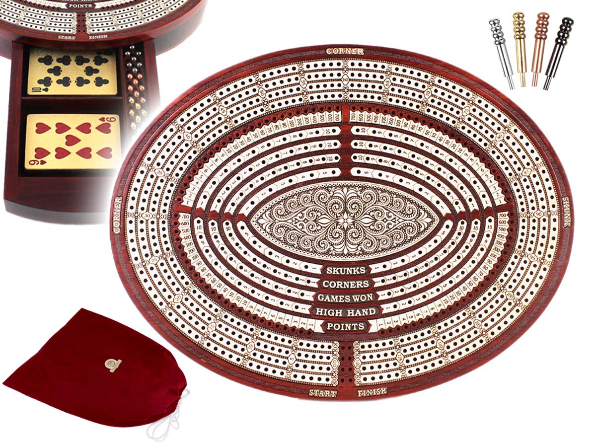 Oval Shape 4 Tracks Continuous Cribbage Board & Box in Bloodwood / Maple with Skunks, Corners, Won Games, High Hand & Points