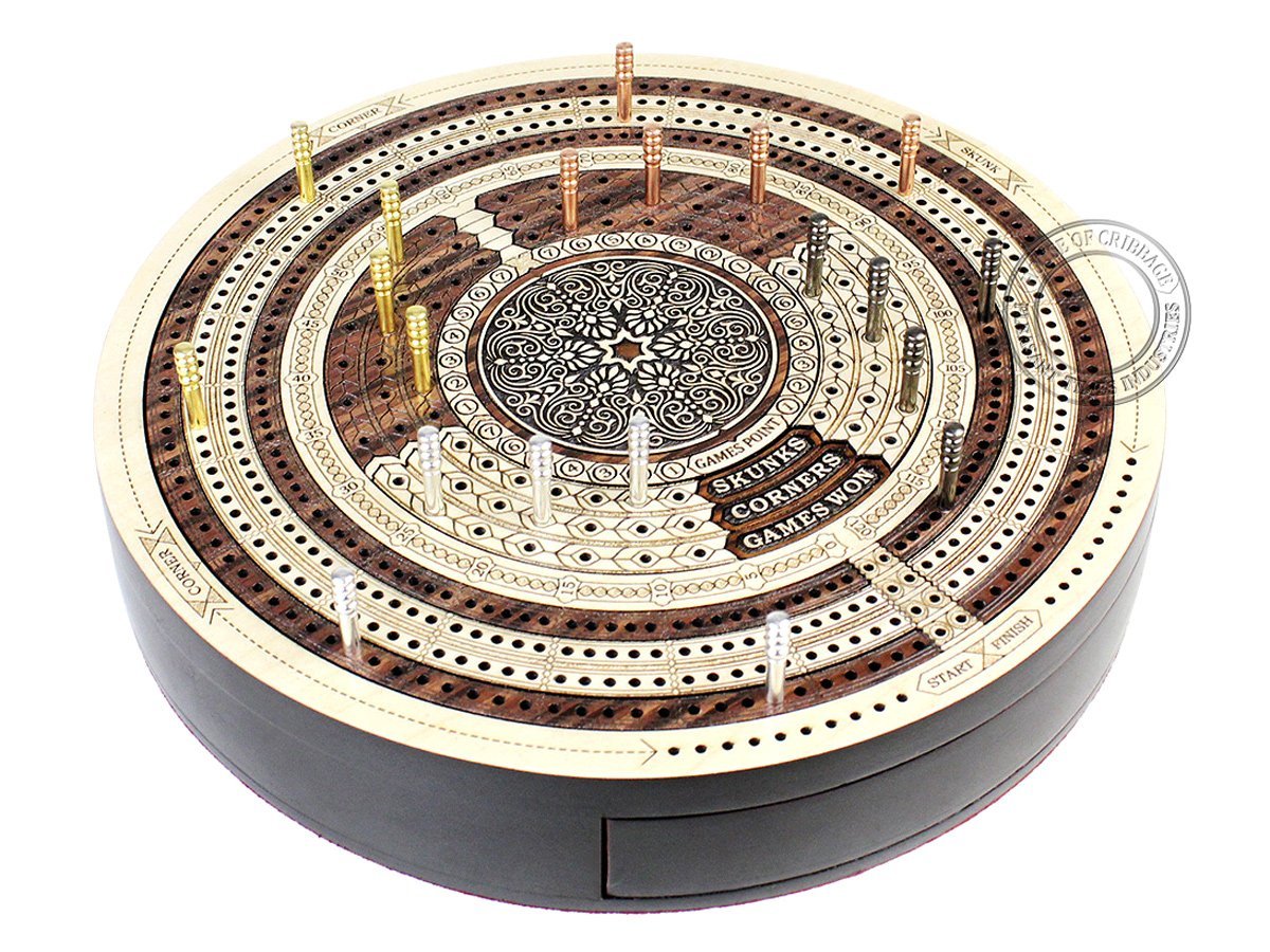Round Shape 4 Tracks Continuous Cribbage Board Maple / Rosewood / Maple with Push Drawer & place for Skunks, Corners & Won Games