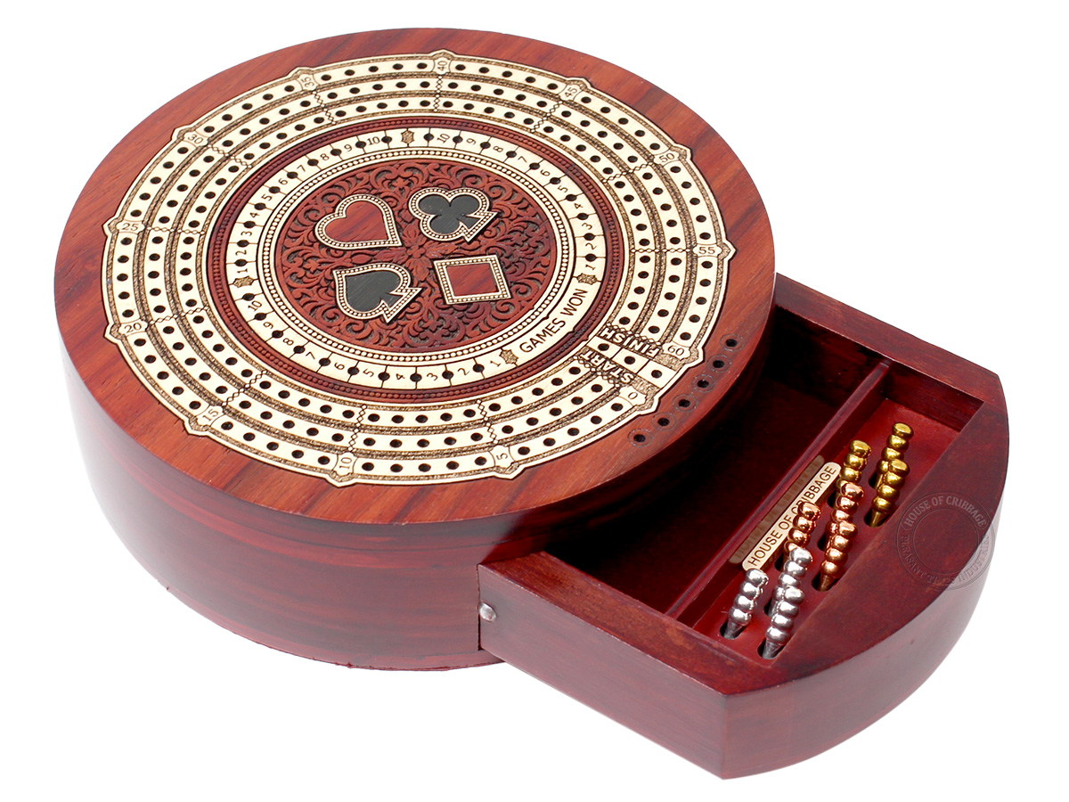 Round Shape 3 Track Non-Continuous Cribbage Board - Push Drawer Storage for Pegs and Cards with Score Marking Fields for Won Games Blood Wood / Maple Wood