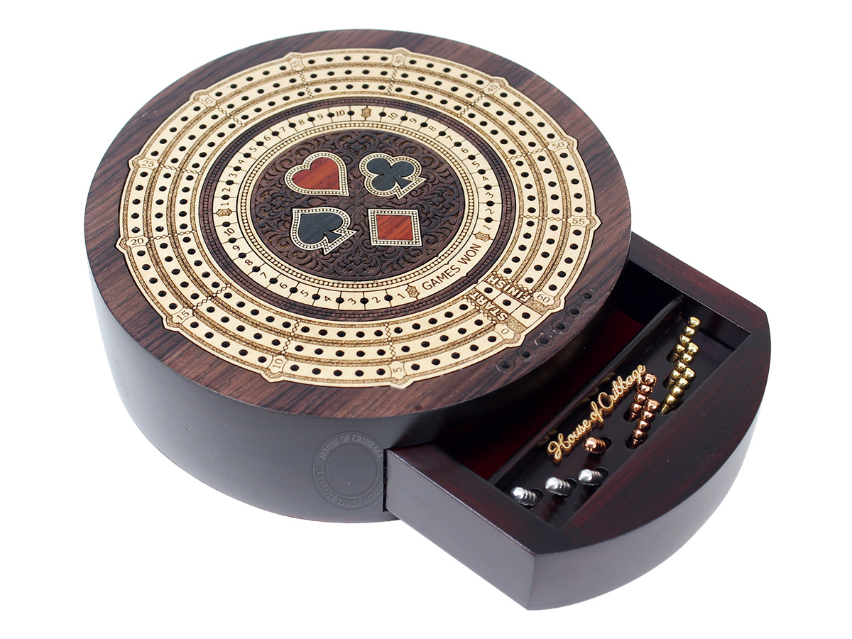 Round Shape 3 Track Non-Continuous Cribbage Board - Push Drawer Storage for Pegs and Cards with Score Marking Fields for Won Games Rosewood / Maple Wood