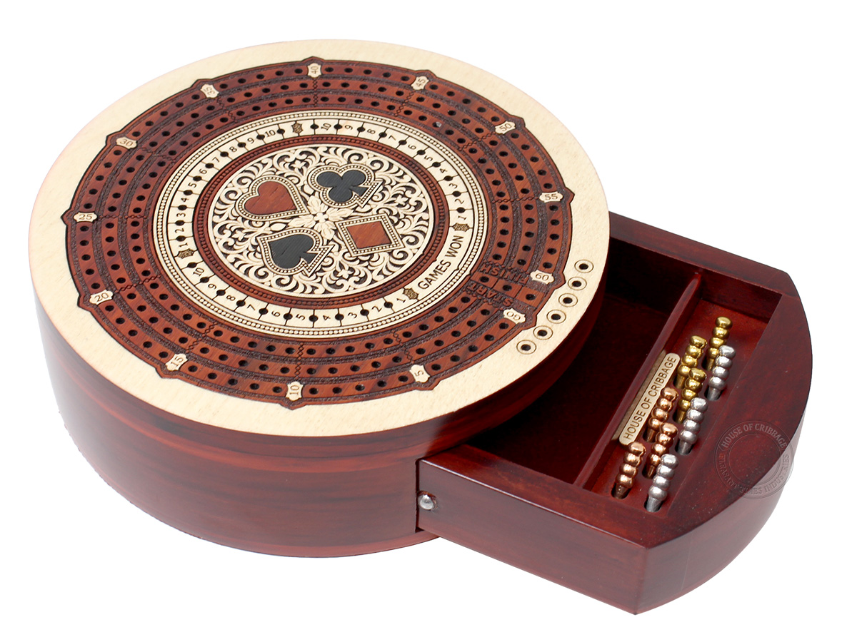 Round Shape 3 Track Non-Continuous Cribbage Board - Push Drawer Storage for Pegs and Cards with Score Marking Fields for Won Games Maple Wood / Blood Wood