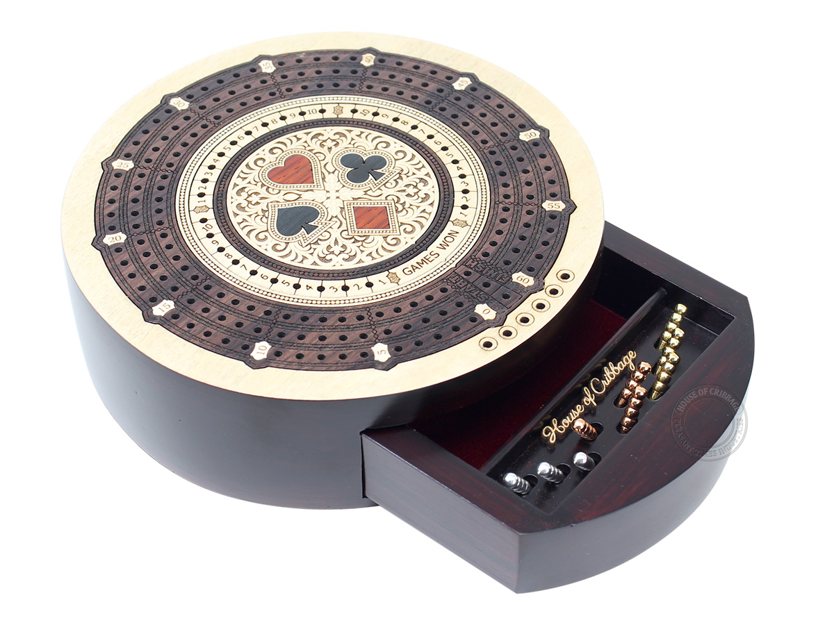 Round Shape 3 Track Non-Continuous Cribbage Board - Push Drawer Storage for Pegs and Cards with Score Marking Fields for Won Games Maple Wood / Rosewood