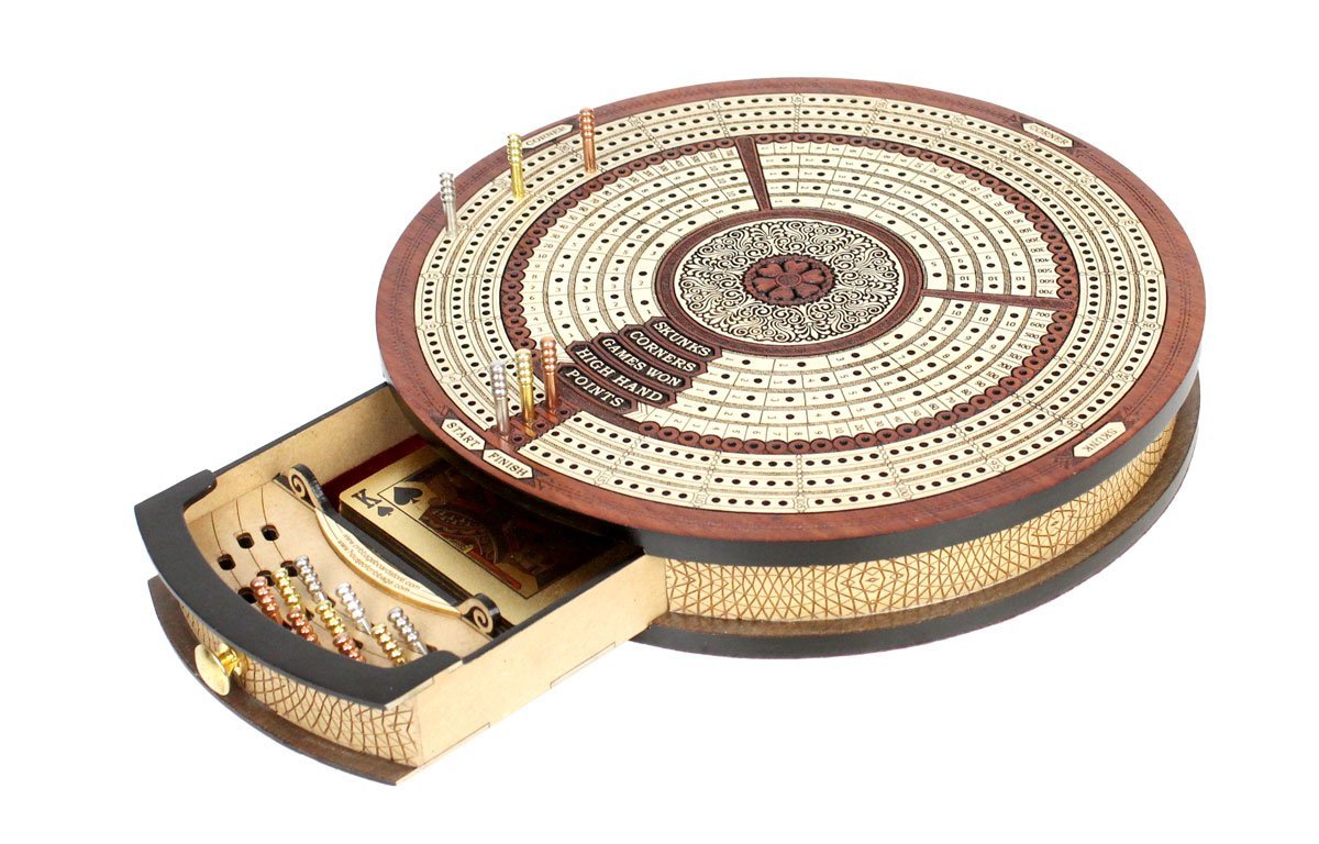 Round Shape 3 Tracks Continuous Cribbage Board and box in Bloodwood / Maple with Score marking fields for Skunks, Corners, Won Games, High Hand and Points - 10.25inch