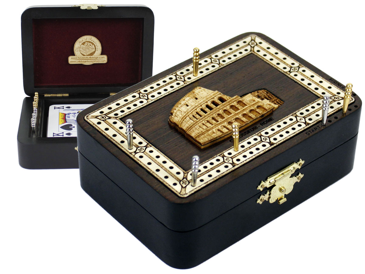 Colosseum Wood Carved Inlaid Folding Cribbage Board / Box Wenge Wood / Maple - 2 Tracks
