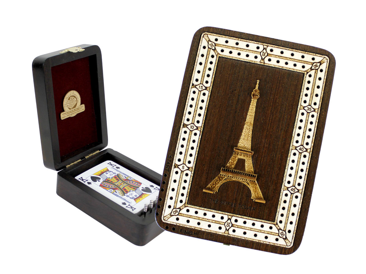 The Eiffel Tower Wood Carved Inlaid Folding Cribbage Board / Box Wenge Wood / Maple - 2 Tracks