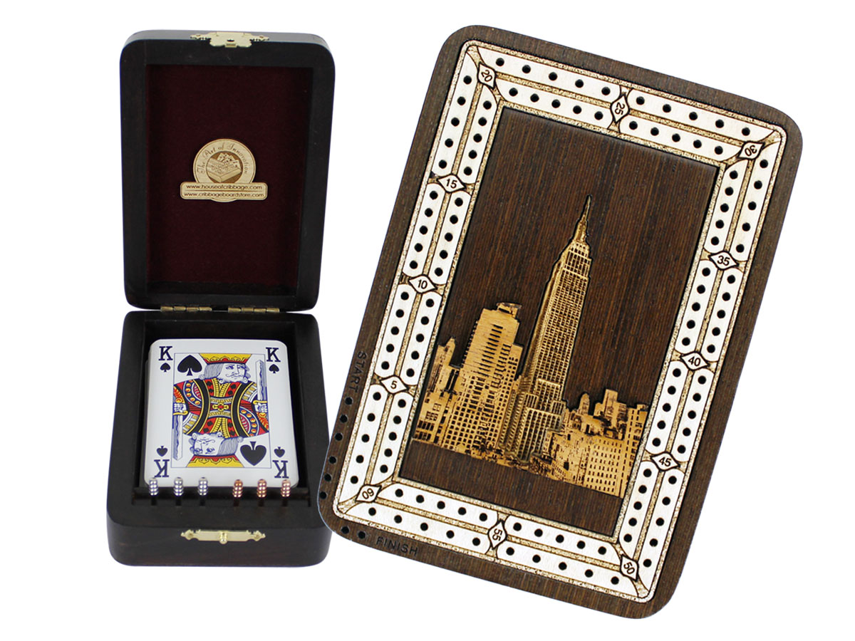 Empire State Building Wood Carved Inlaid Folding Cribbage Board / Box Wenge Wood / Maple - 2 Tracks