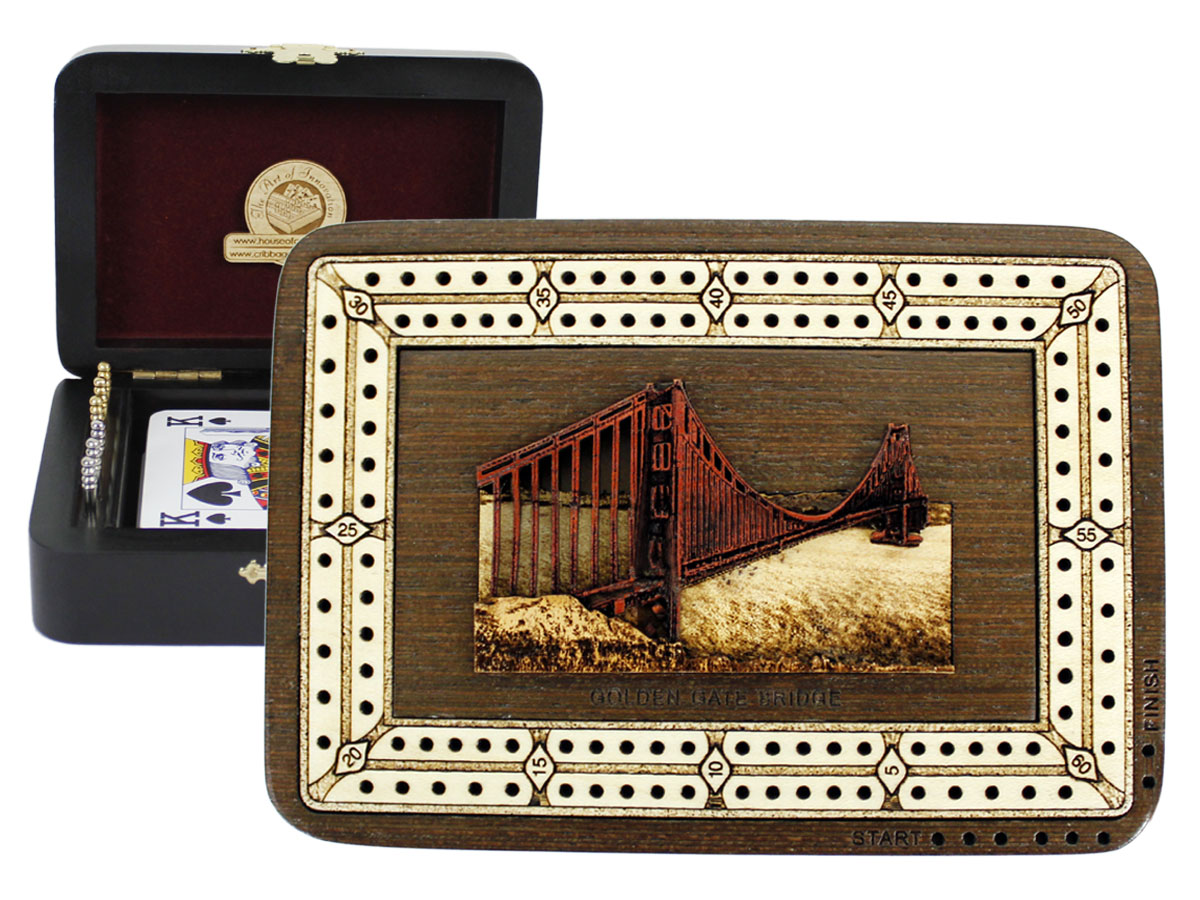 Golden Gate Bridge Wood Carved Inlaid Folding Cribbage Board / Box Wenge Wood / Maple - 2 Tracks