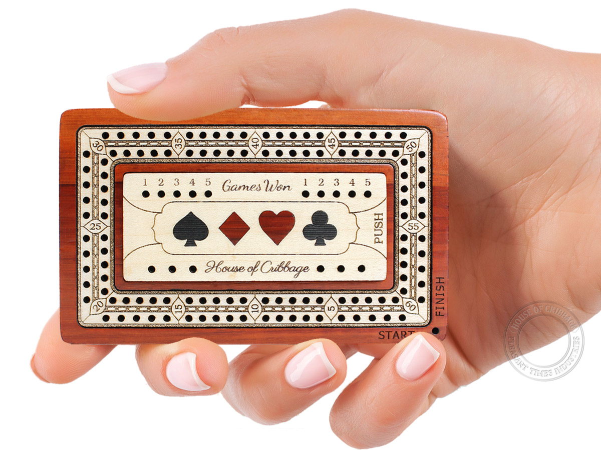 Wooden Travel / Pocket Size Cribbage Board Inlaid in Bloodwood / Maple Wood 2 Tracks 60 Points