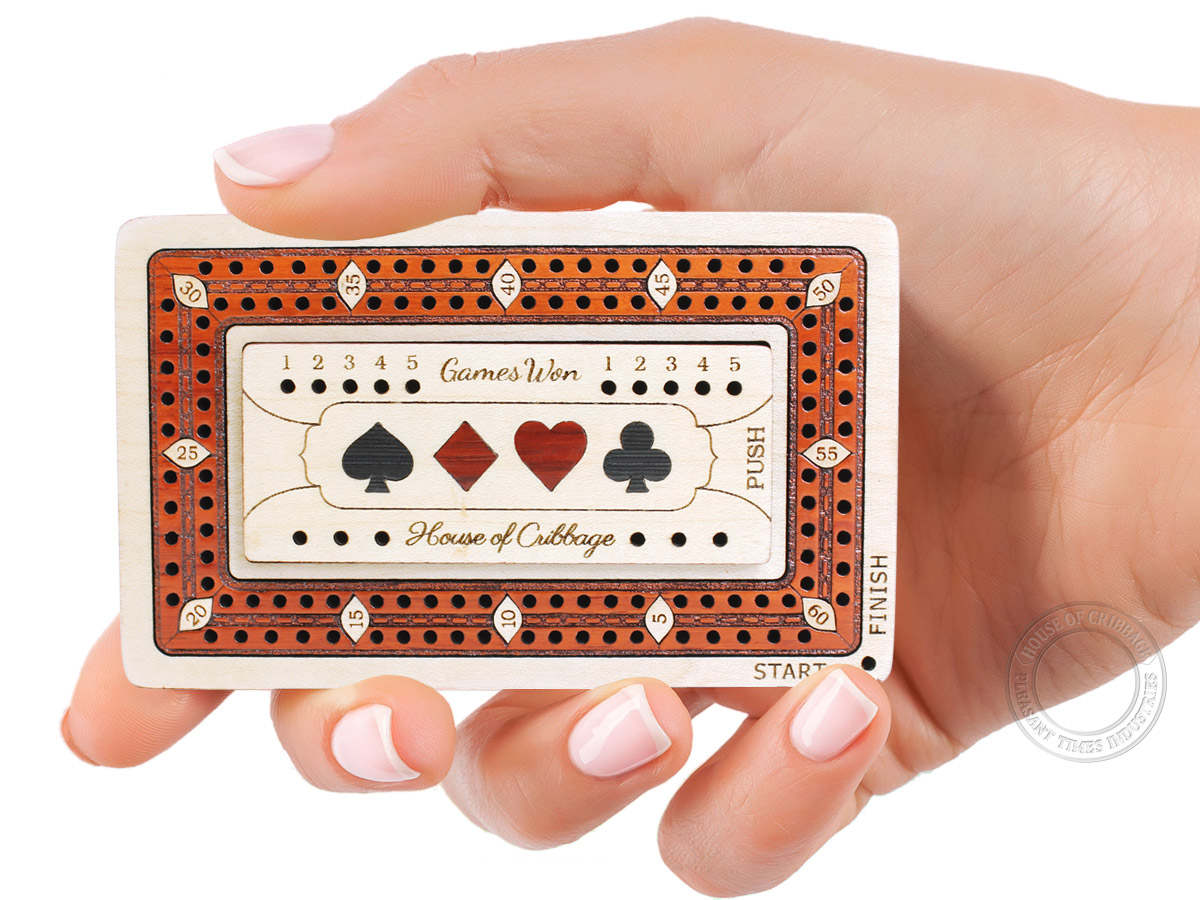 Wooden Travel / Pocket Size Cribbage Board Inlaid in Maple Wood / Bloodwood 2 Tracks 60 Points